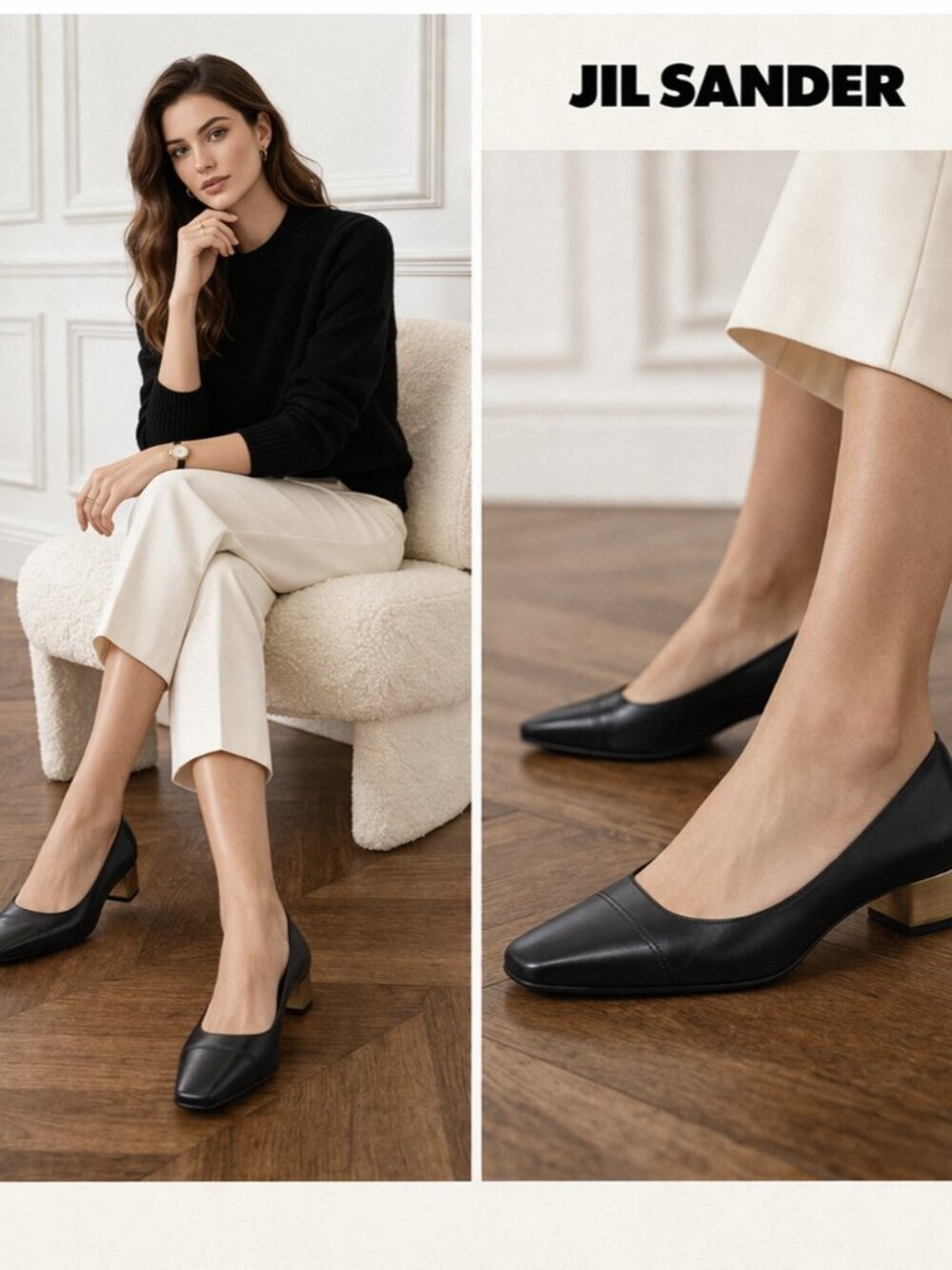 JIL SANDER Black Leather Pumps Gold Metallic Heel Pointed Toe Kitten Heel 38.5